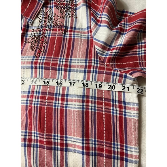 Alfred Dunner Women's Red Plaid 3/4 Sleeve Button Front Top Floral Beading 14P - Picture 8 of 10